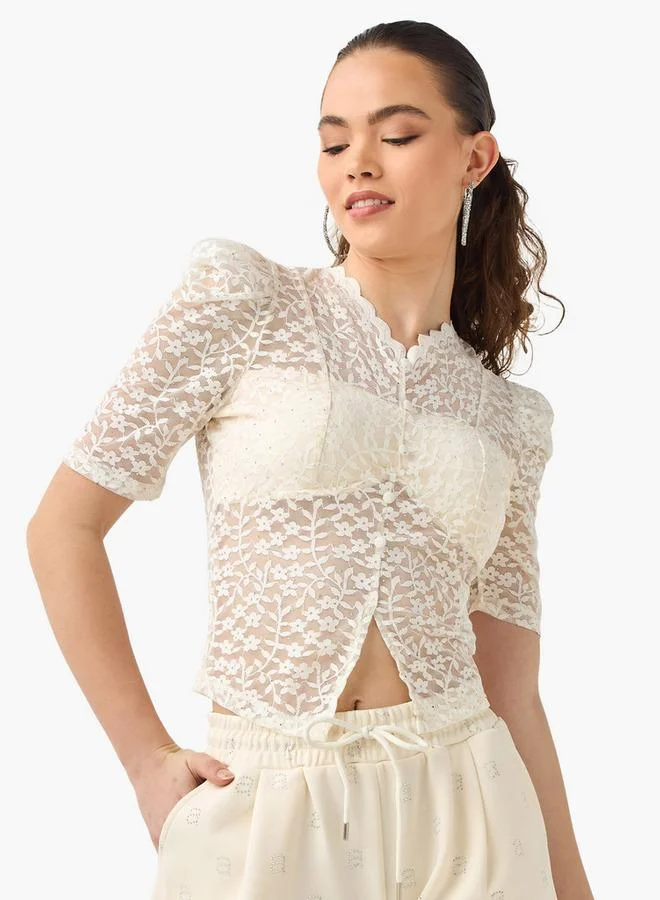 2Xtremz 2Xtremz Flower Lace Sheer Top with Button Closure and Puff Sleeves