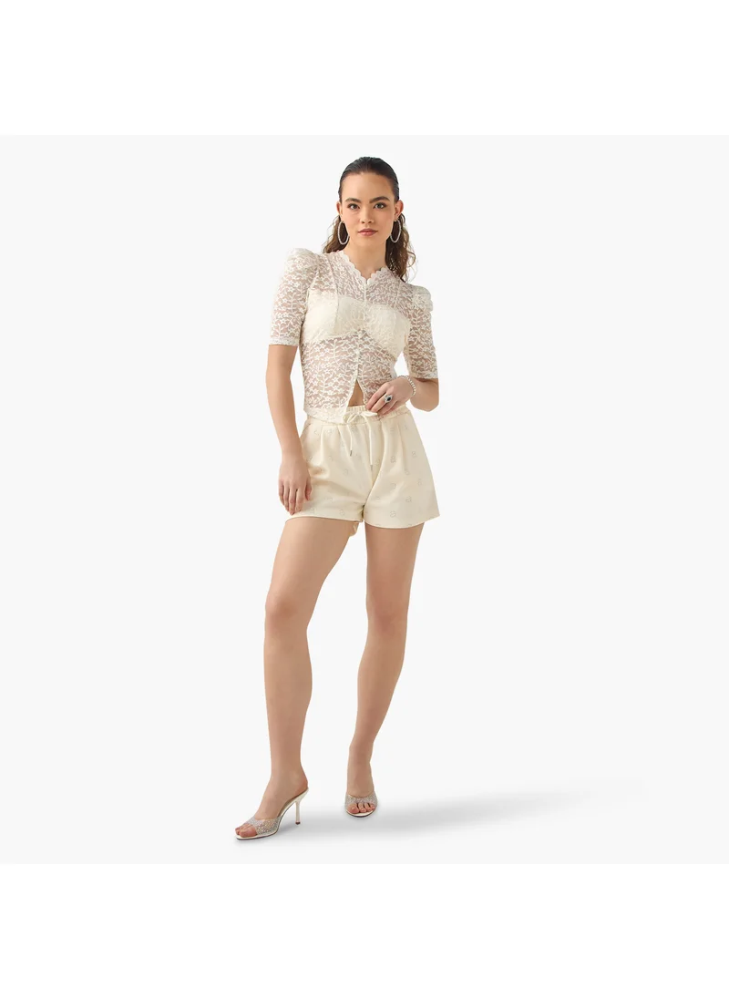 2Xtremz 2Xtremz Flower Lace Sheer Top with Button Closure and Puff Sleeves