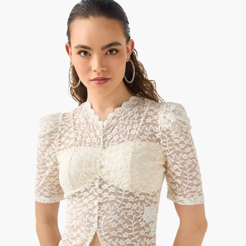 2Xtremz 2Xtremz Flower Lace Sheer Top with Button Closure and Puff Sleeves