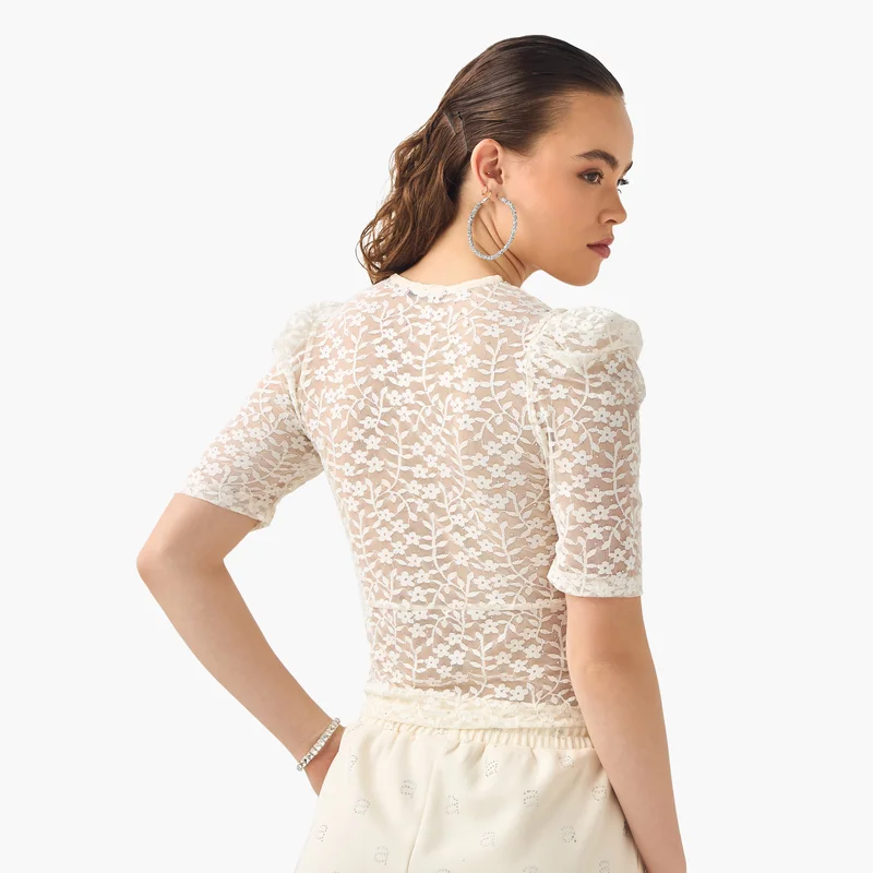 2Xtremz 2Xtremz Flower Lace Sheer Top with Button Closure and Puff Sleeves
