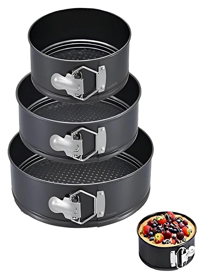 PureBake Round Cake Tin Set SGS Certified Non-Stick Springform Moulds 3 Pieces 7 8 8.5 Inch Removable Bottom Cheesecake Moulds for OTG Microwave Baking Durable Cake Pans for Home Bakers, Black - Image 1
