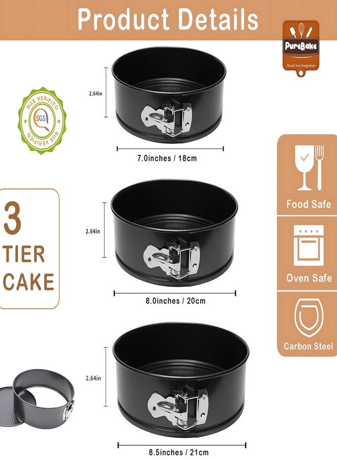 PureBake Round Cake Tin Set SGS Certified Non-Stick Springform Moulds 3 Pieces 7 8 8.5 Inch Removable Bottom Cheesecake Moulds for OTG Microwave Baking Durable Cake Pans for Home Bakers, Black - Image 2