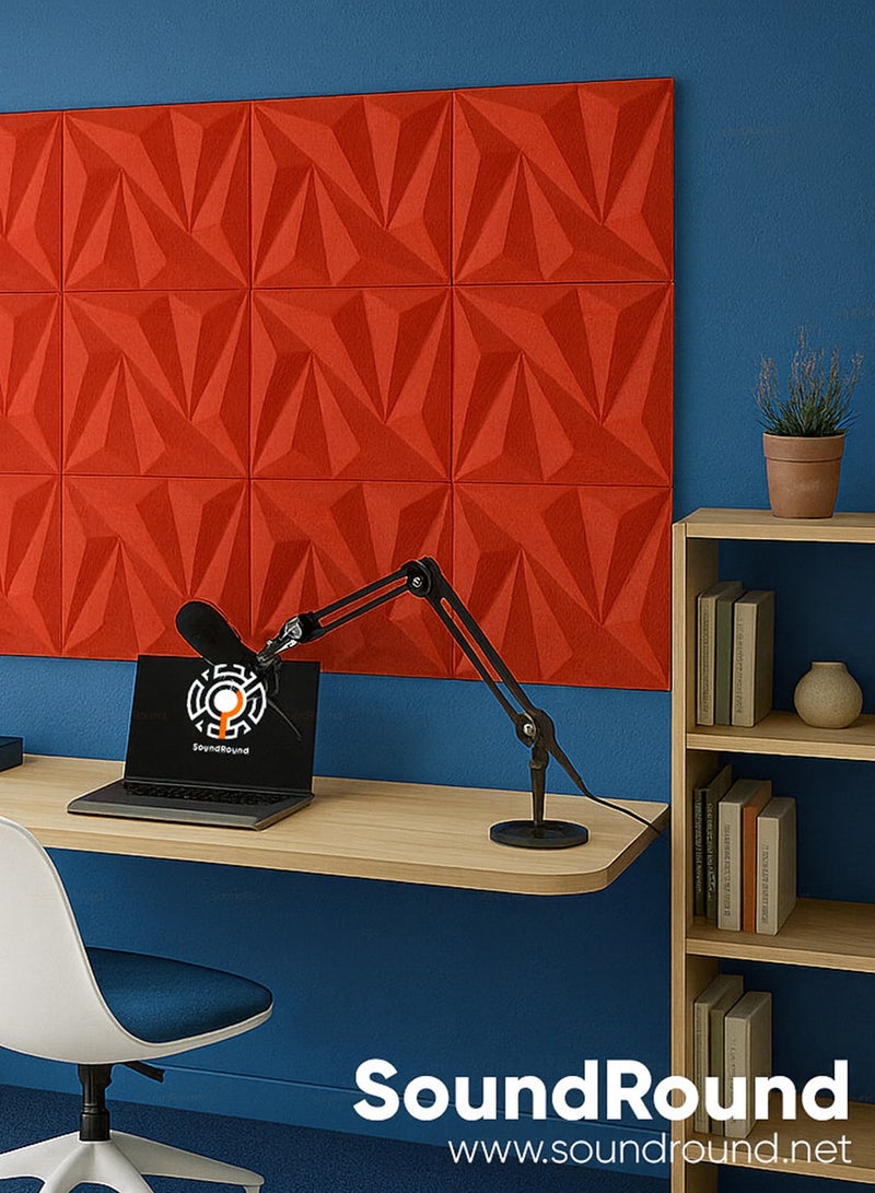 ساوند راوند ألواح الفوم الصوتي SoundRound مقاس 12×12×1 بوصة – عزل صوت احترافي بتصميم اوديوارت – للتحكم في الصدى ومعالجة السينما المنزلية – ألواح عالية الكثافة – 12 قطعة - لون احمر مرجاني - Image 3