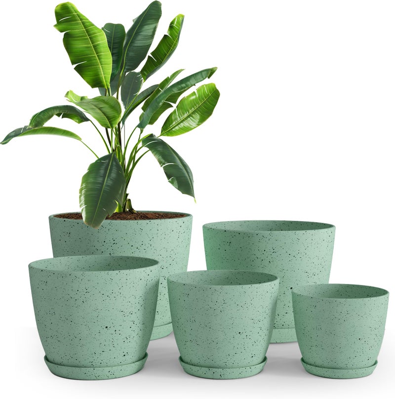 Utopia Home - Spotty Plant Pots Indoor with Drainage - 7/6.6/6/5.3/4.8 Inches Flower Pots - 5 Pack Plastic Planters - Ideal for Stocking Stuffers - (Speckled Mint, Pack of 5) - Image 1