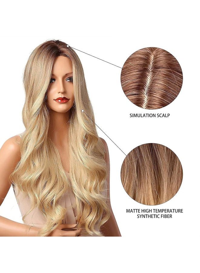NAYOO Long Brown Wig for Women - 26'' Long Brown Wavy Wigs for Women, Natural Looking Brown Hightlight Blonde Wig, Middle Part Synthetic Highlight Wig, Easy to Put Brown Hair wig for Daily Party Use - Image 4
