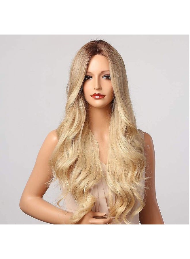 NAYOO Long Brown Wig for Women - 26'' Long Brown Wavy Wigs for Women, Natural Looking Brown Hightlight Blonde Wig, Middle Part Synthetic Highlight Wig, Easy to Put Brown Hair wig for Daily Party Use - Image 2