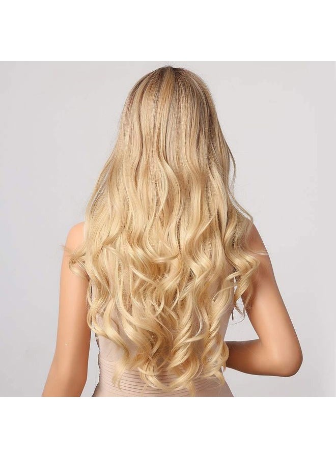 NAYOO Long Brown Wig for Women - 26'' Long Brown Wavy Wigs for Women, Natural Looking Brown Hightlight Blonde Wig, Middle Part Synthetic Highlight Wig, Easy to Put Brown Hair wig for Daily Party Use - Image 3