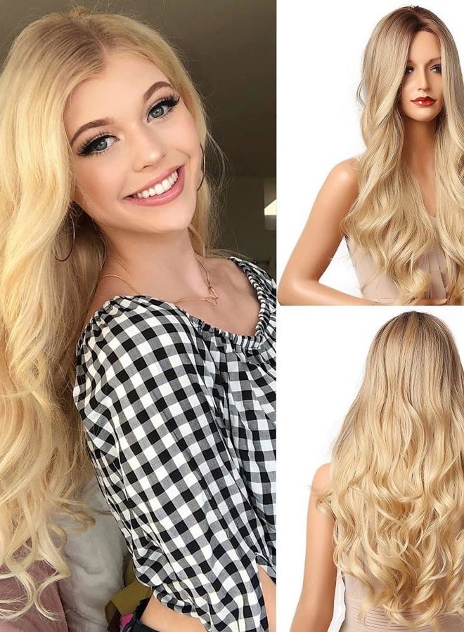 NAYOO Long Brown Wig for Women - 26'' Long Brown Wavy Wigs for Women, Natural Looking Brown Hightlight Blonde Wig, Middle Part Synthetic Highlight Wig, Easy to Put Brown Hair wig for Daily Party Use - Image 1
