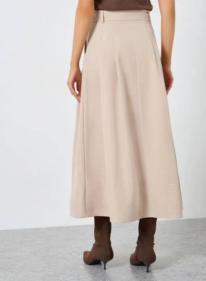 Styli Khaki A-Line Maxi Skirt with Belt Detail