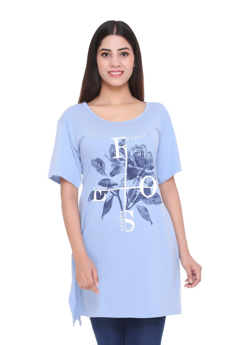 CUPID Regular Fit Cotton Round Neck Half Sleeve T-Shirt, Plus Size Night n Sleep Wear, Daily Use Gym n Lounge Wear Long Tops for Woman_Sky Blue_4XL - Image 1