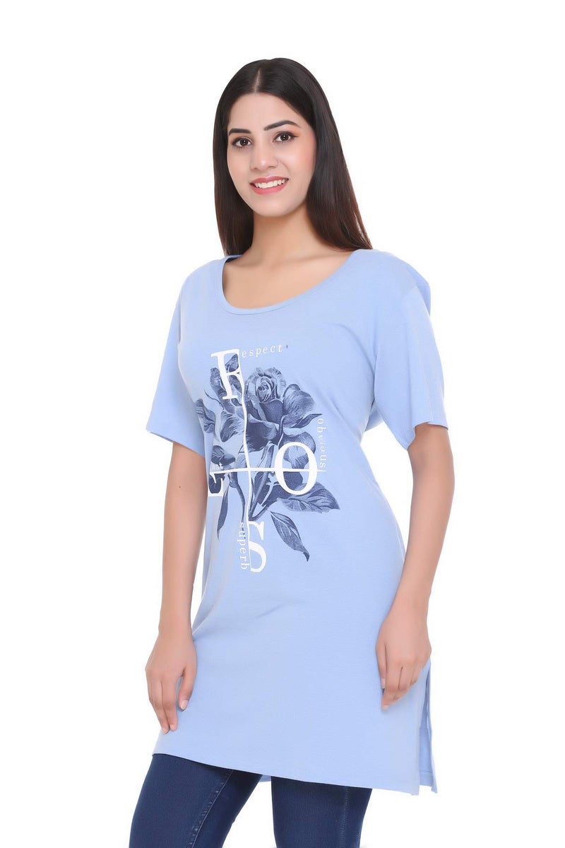 CUPID Regular Fit Cotton Round Neck Half Sleeve T-Shirt, Plus Size Night n Sleep Wear, Daily Use Gym n Lounge Wear Long Tops for Woman_Sky Blue_4XL - Image 3