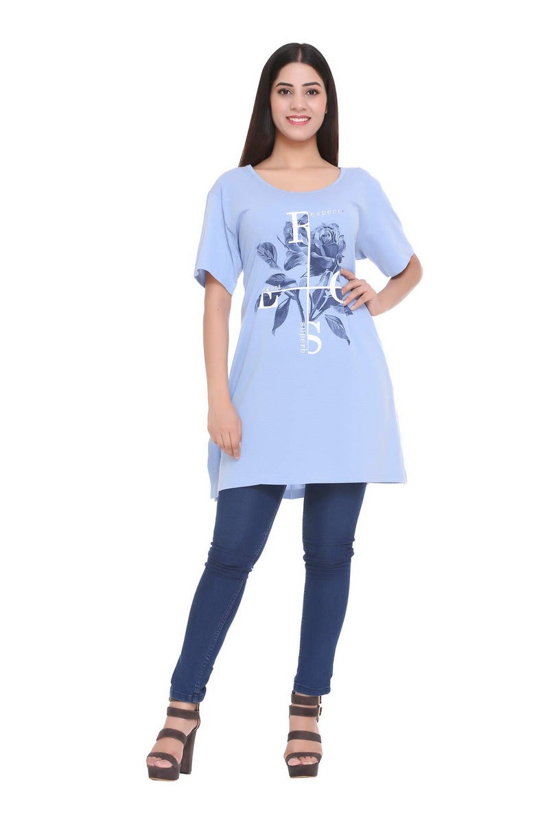 CUPID Regular Fit Cotton Round Neck Half Sleeve T-Shirt, Plus Size Night n Sleep Wear, Daily Use Gym n Lounge Wear Long Tops for Woman_Sky Blue_4XL - Image 2