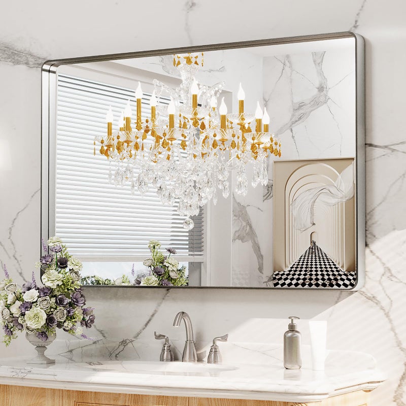 LOAAO 48X32 Inch Brushed Nickel Bathroom Mirror Rounded Rectangle Silver Metal Frame Mirror Brushed Nickel AntiRust Shatter Proof Hangs Horizontally or Vertically