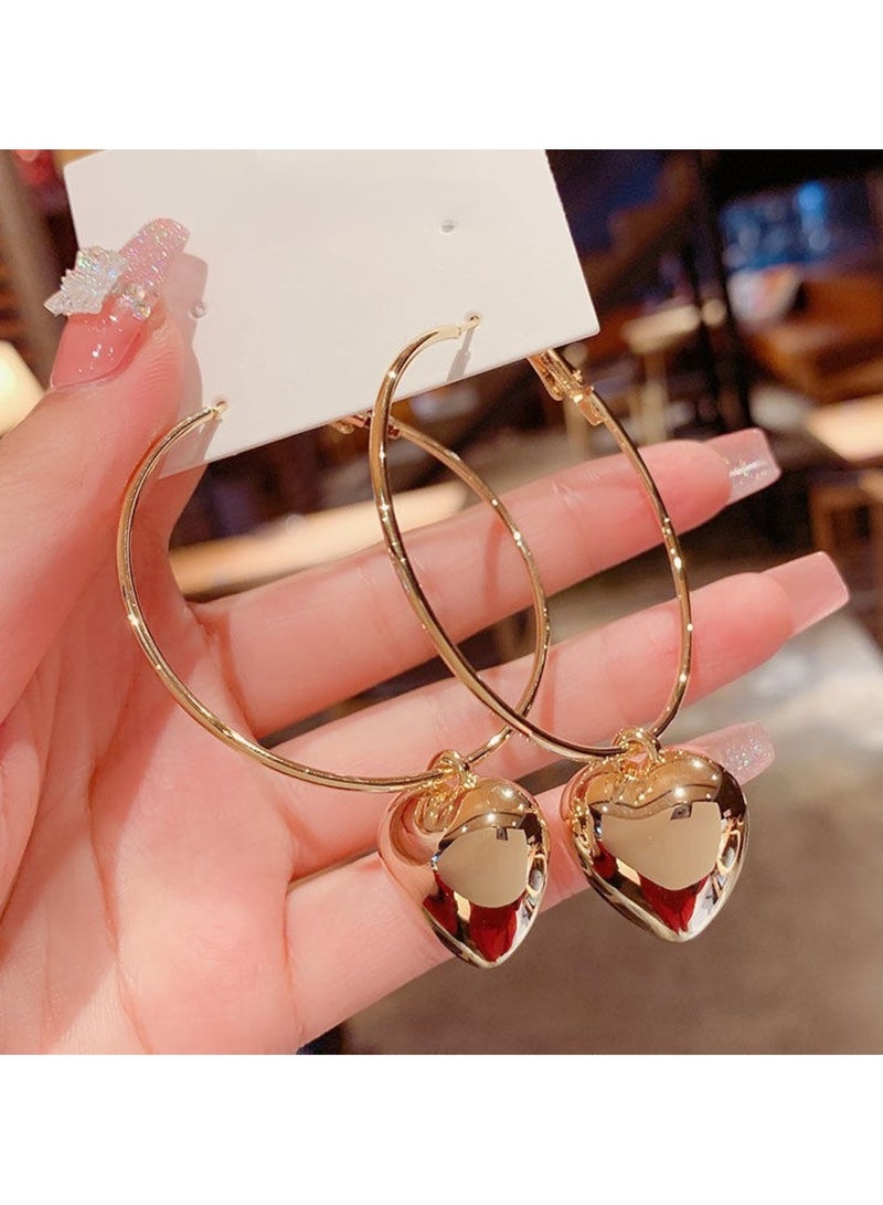 Gold Color Tone Heart Charm Hoop Earrings