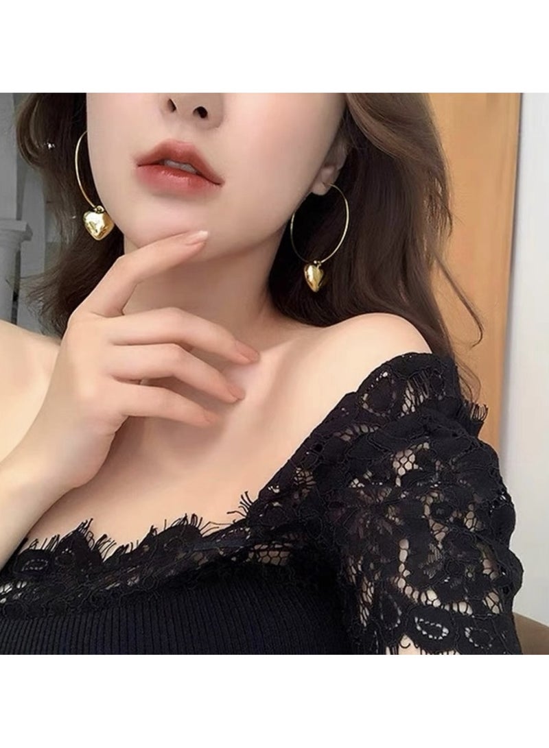 Gold Color Tone Heart Charm Hoop Earrings
