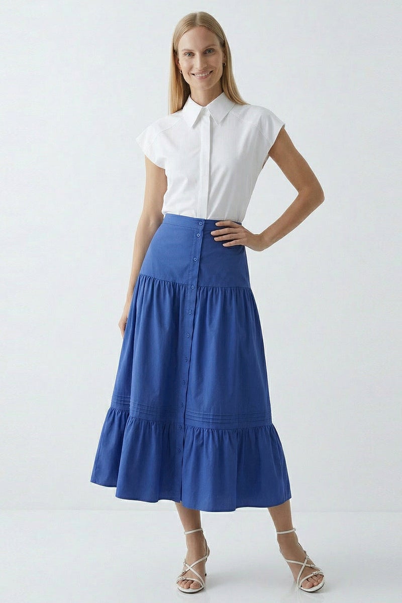 EXQUISE High-Waisted Regular Midi Navy Skirt with Elasticated Waist and Button Closure - Image 1