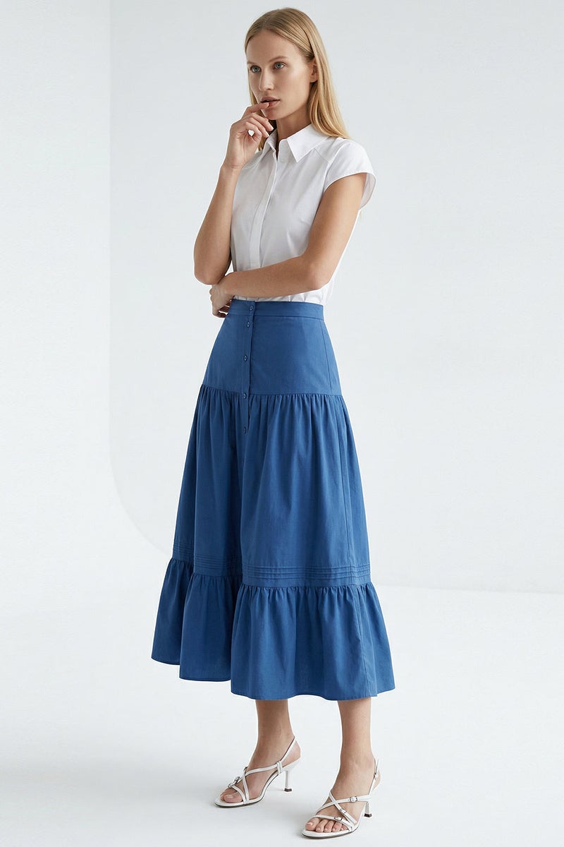 EXQUISE High-Waisted Regular Midi Navy Skirt with Elasticated Waist and Button Closure - Image 3