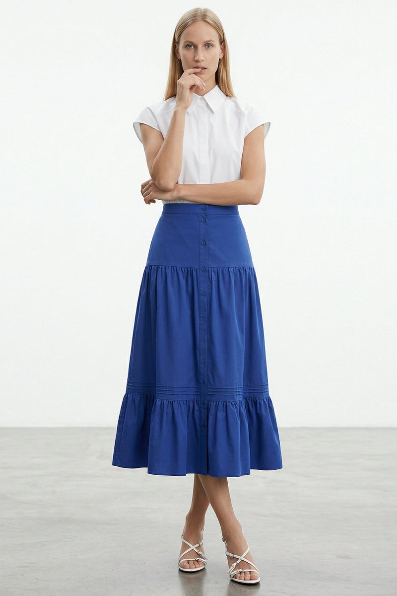 EXQUISE High-Waisted Regular Midi Navy Skirt with Elasticated Waist and Button Closure - Image 4