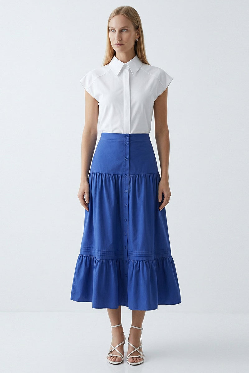 EXQUISE High-Waisted Regular Midi Navy Skirt with Elasticated Waist and Button Closure - Image 2