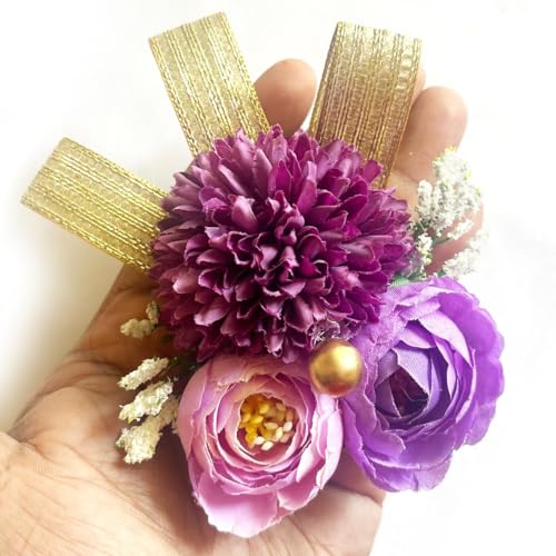 ADIKALA™ Handmade Artificial Carnations & Peonies Flower with Golden Riibbon Bunch for Trousseau Packing, Flower Brooch Hamper for Decoration, Gift Wrapping (6, Purple) - Image 1