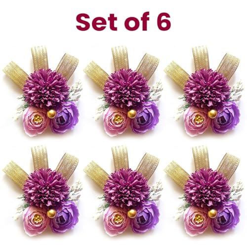 ADIKALA™ Handmade Artificial Carnations & Peonies Flower with Golden Riibbon Bunch for Trousseau Packing, Flower Brooch Hamper for Decoration, Gift Wrapping (6, Purple) - Image 2