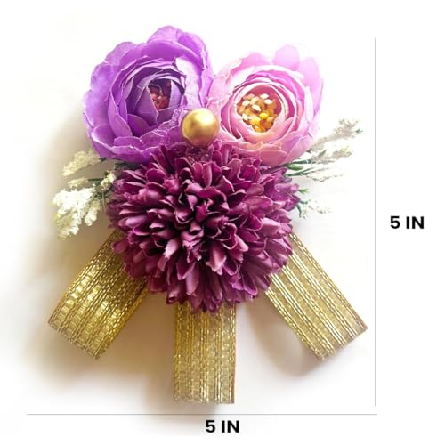 ADIKALA™ Handmade Artificial Carnations & Peonies Flower with Golden Riibbon Bunch for Trousseau Packing, Flower Brooch Hamper for Decoration, Gift Wrapping (6, Purple) - Image 3