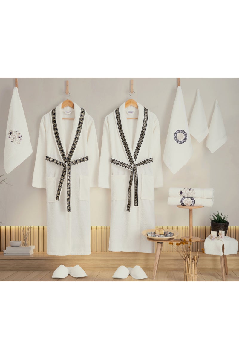 nurpak 16-Piece Premium Family Bathrobe Set 100% Turkish Cotton Luxury Robe & Towel Gift Set for Couples Includes 3 Size Towels, Slippers, Wash Gloves & Soap Dark Navy/Off White 