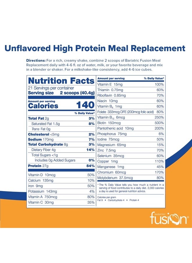 Bariatric Fusion Unflavored Meal Replacement 27g Protein Powder, 21 Serving Tub for Bariatric Surgery Patients Including Gastric Bypass and Sleeve Gastrectomy - No Gluten, Aspartame or Sugar - Image 2