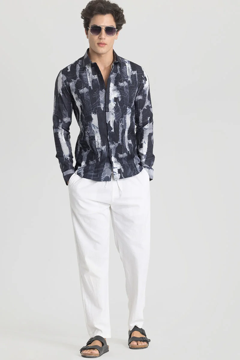 سنيتش Navy Abstract Long Sleeve Slim Fit Casual Shirt