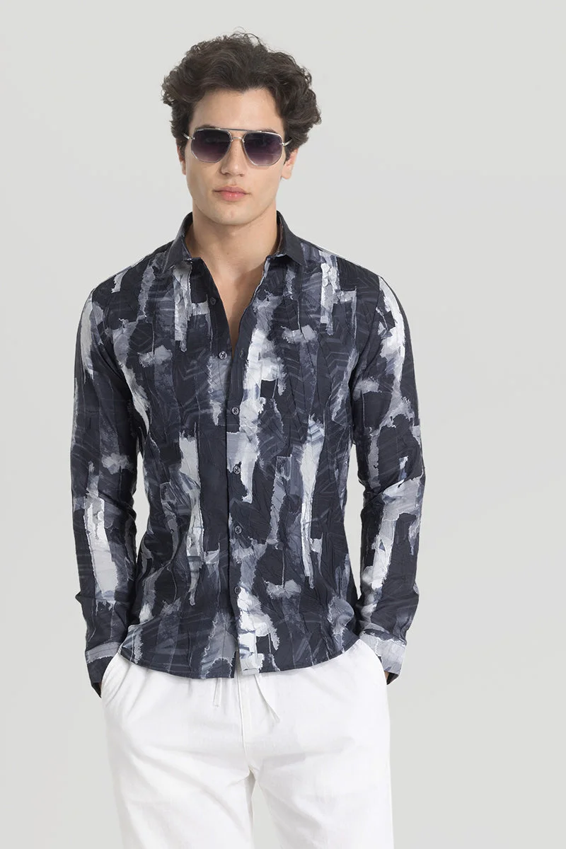 سنيتش Navy Abstract Long Sleeve Slim Fit Casual Shirt