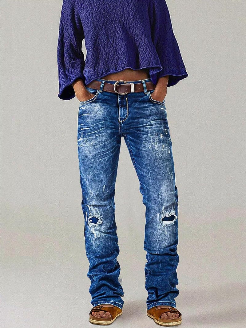 Flamingals Women's Boho Bootcut Mid Rise Jeans Distressed Stitch Detail High Stretch Denim Pants Without Belt Mid Blue L - Image 4
