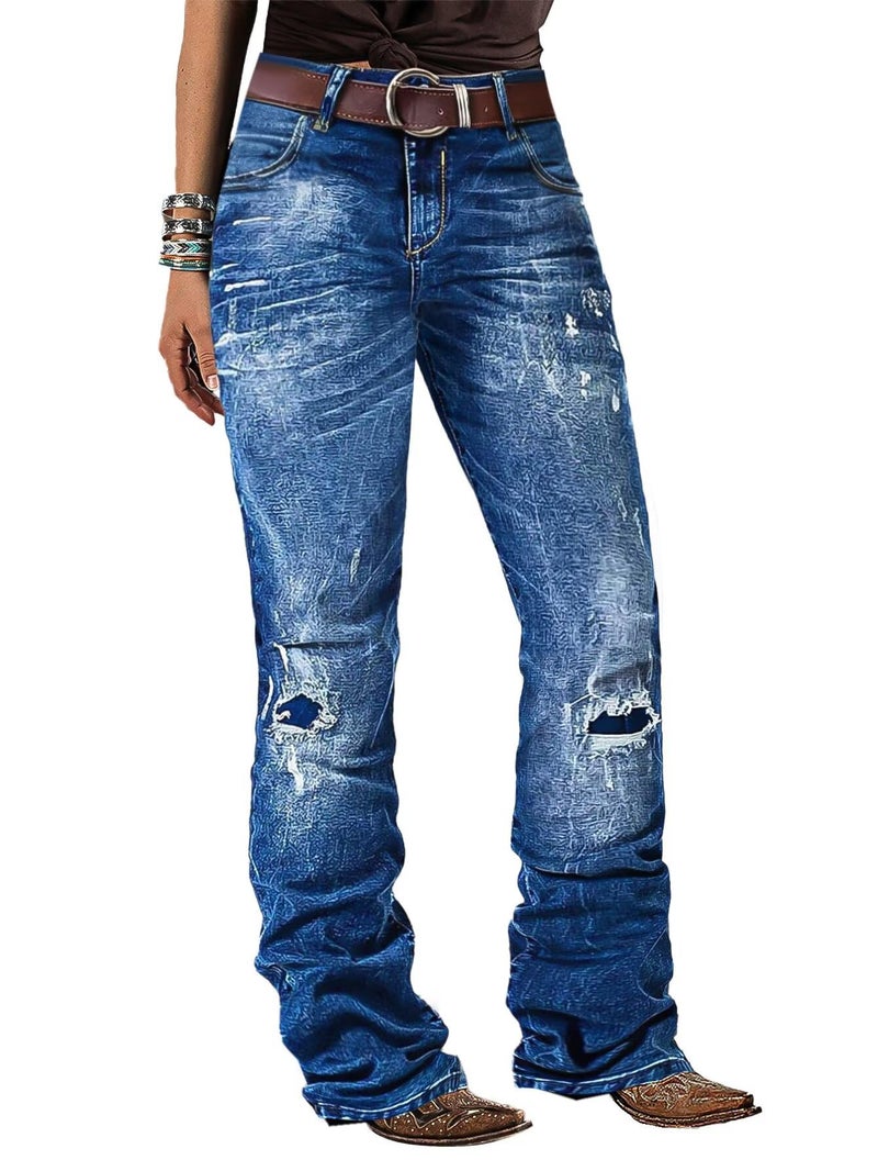 Flamingals Women's Boho Bootcut Mid Rise Jeans Distressed Stitch Detail High Stretch Denim Pants Without Belt Mid Blue L - Image 1