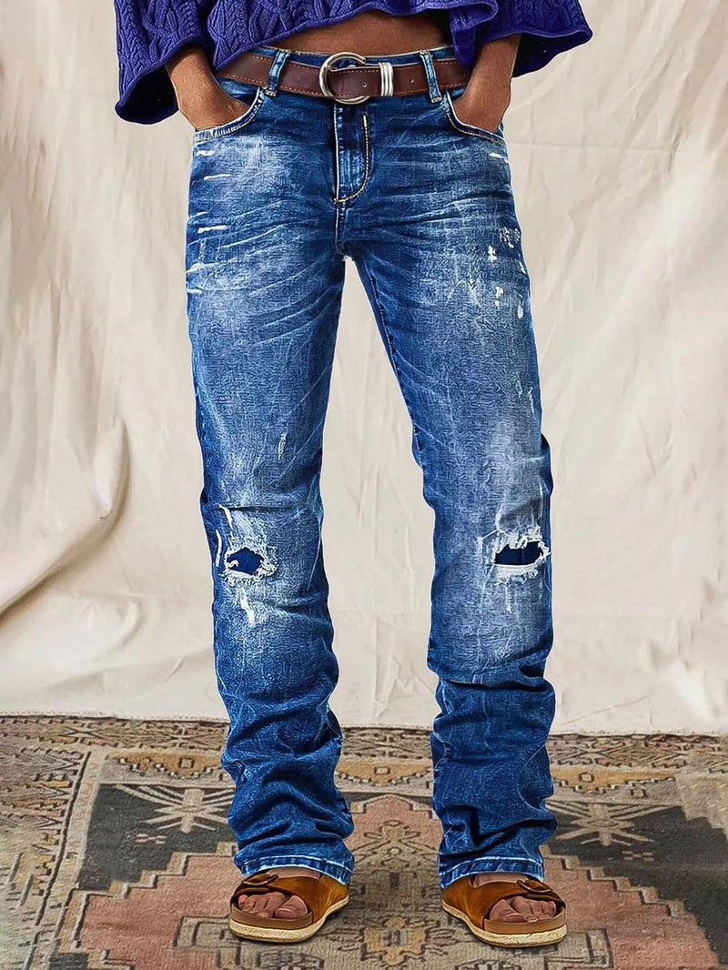 Flamingals Women's Boho Bootcut Mid Rise Jeans Distressed Stitch Detail High Stretch Denim Pants Without Belt Mid Blue L - Image 2