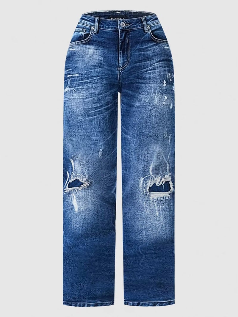 Flamingals Women's Boho Bootcut Mid Rise Jeans Distressed Stitch Detail High Stretch Denim Pants Without Belt Mid Blue L - Image 5