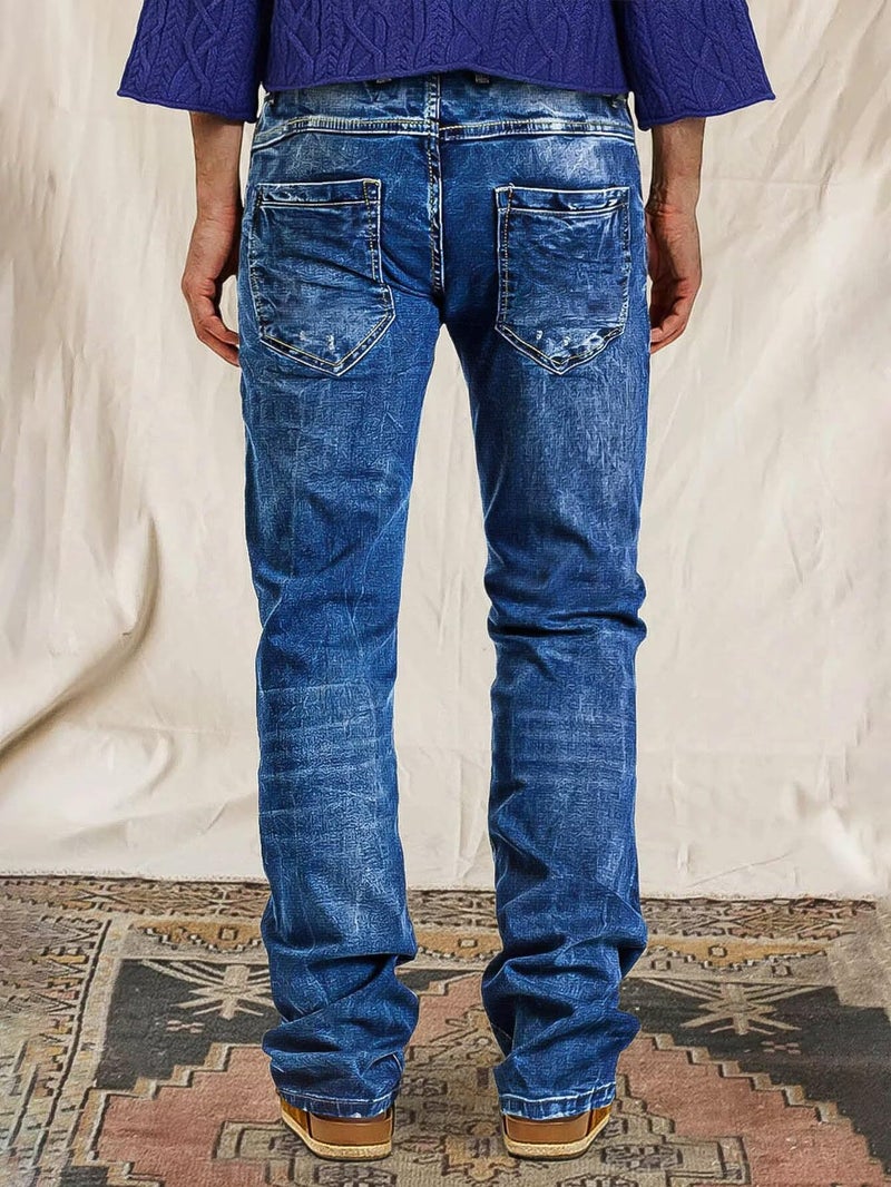 Flamingals Women's Boho Bootcut Mid Rise Jeans Distressed Stitch Detail High Stretch Denim Pants Without Belt Mid Blue L - Image 3