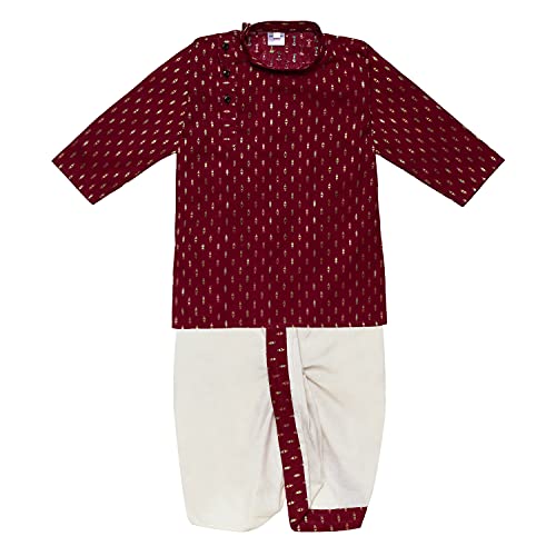 Superminis Boy's Cotton Kurta with Dhoti - Golden Thread Work, Round Collar, Side Button Kurta Set for Ethnic Wear (Maroon, 3-6 Months) - Image 1