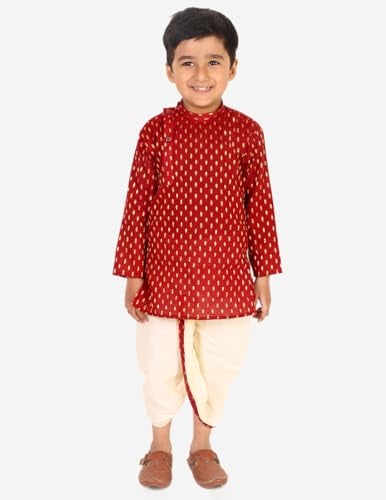 Superminis Boy's Cotton Kurta with Dhoti - Golden Thread Work, Round Collar, Side Button Kurta Set for Ethnic Wear (Maroon, 3-6 Months) - Image 2