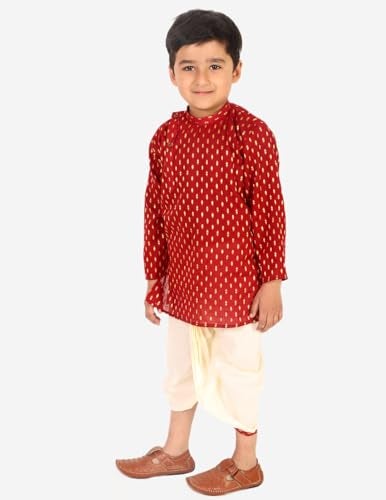 Superminis Boy's Cotton Kurta with Dhoti - Golden Thread Work, Round Collar, Side Button Kurta Set for Ethnic Wear (Maroon, 3-6 Months) - Image 4