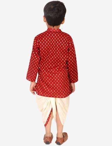 Superminis Boy's Cotton Kurta with Dhoti - Golden Thread Work, Round Collar, Side Button Kurta Set for Ethnic Wear (Maroon, 3-6 Months) - Image 3