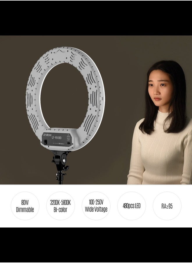 18inch LED Ring Light Fill-in Lamp Studio Pgraphy Ligng 80W Dimmable 3200K-5800K Bi-Color with Phone Holder Carrying Bag