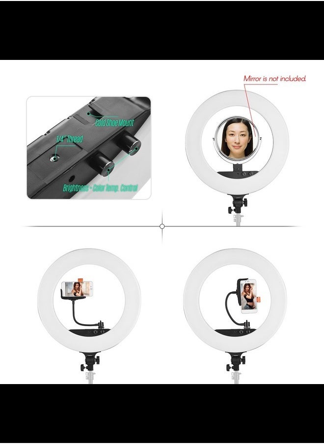 18inch LED Ring Light Fill-in Lamp Studio Pgraphy Ligng 80W Dimmable 3200K-5800K Bi-Color with Phone Holder Carrying Bag
