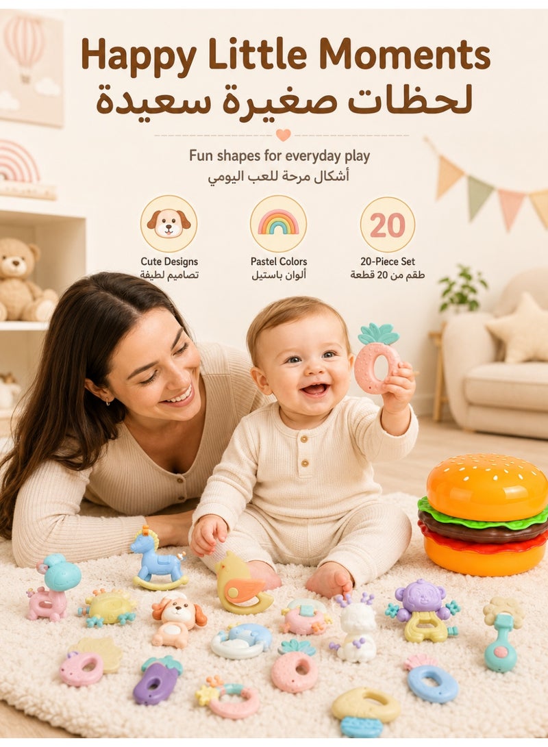 مجموعة عضاضات أطفال مكونة من 20 قطعة مع علبة تخزين على شكل هامبرغر، ألعاب تسنين سيليكون خالية من مادة BPA لحديثي الولادة، ألعاب مضغ ناعمة لتخفيف آلام اللثة، ألعاب حسية سهلة الإمساك للأطفال الرضع من عمر 0 ​​إلى 12 شهرًا، أشكال حلويات لطيفة على شكل حيوانات وفواكه. - Image 2