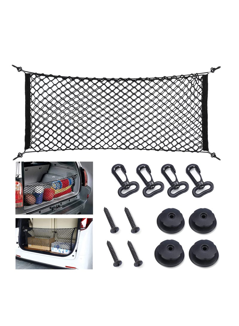 Universal Rear Cargo Net, Stretchable Elastic Nylon Storage Net， Adjustable Elastic Nylon Rear Trunk Cargo Storage Organizer, 35.5" x 15.7" with Hooks and Screws Fit for Car, Jeep, Suv, Truck - Image 1