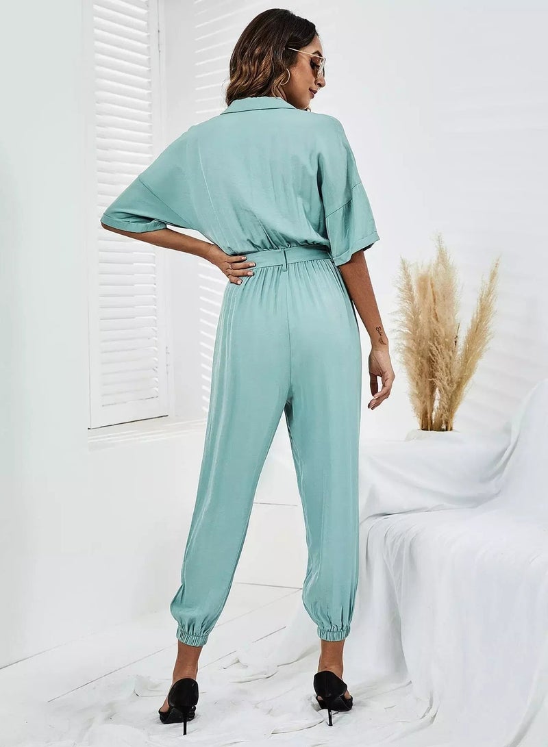 Drop Shoulder Belted Shirt Jumpsuit - Image 2