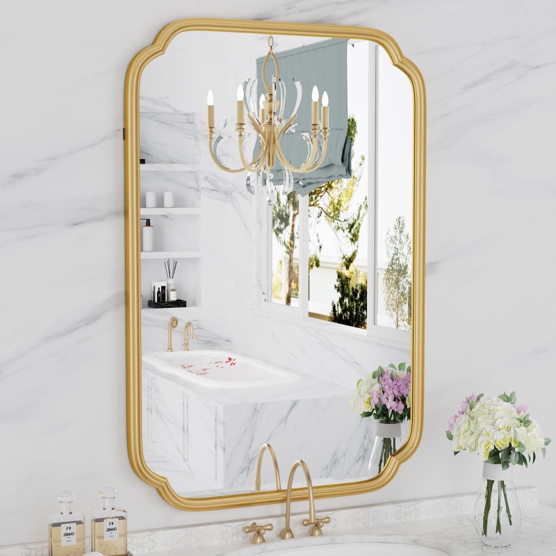 Ferytange Gold Bathroom Mirror for Wall 20" x 30" Modern Rounded Corner Rectangle Mirror with Non-Rusting Iron Metal Framed Bathroom Vanity Mirror for Over Sink Wall Decor(Horizontal/Vertical) - Image 1