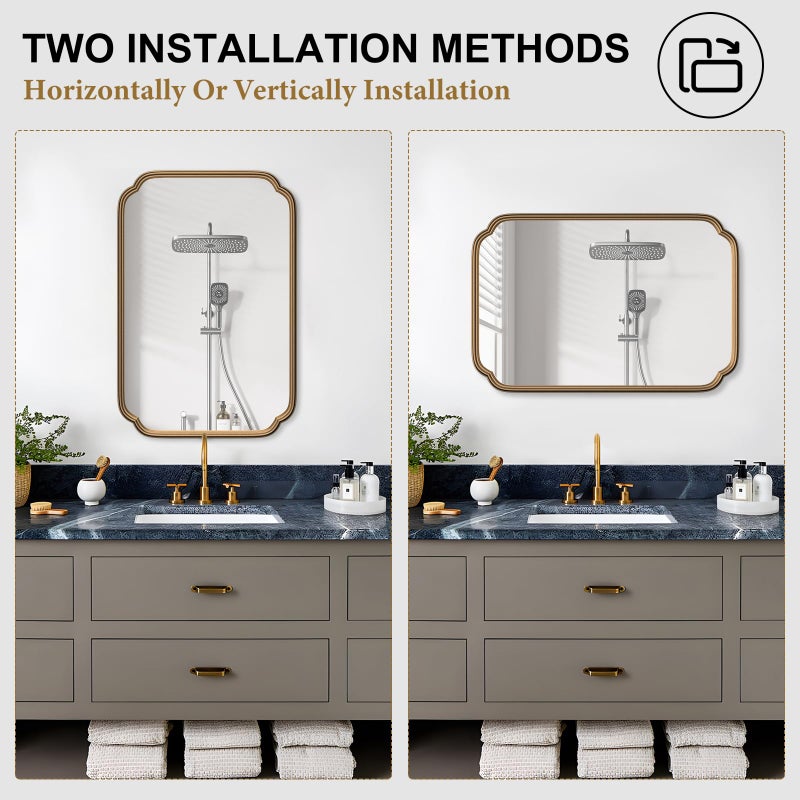 Ferytange Gold Bathroom Mirror for Wall 20" x 30" Modern Rounded Corner Rectangle Mirror with Non-Rusting Iron Metal Framed Bathroom Vanity Mirror for Over Sink Wall Decor(Horizontal/Vertical) - Image 4