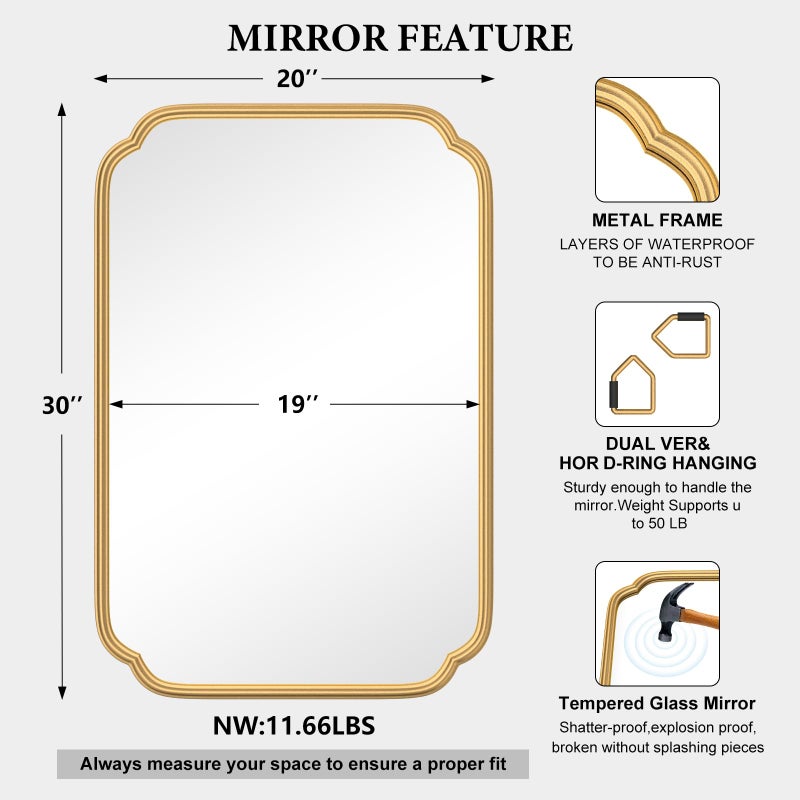 Ferytange Gold Bathroom Mirror for Wall 20" x 30" Modern Rounded Corner Rectangle Mirror with Non-Rusting Iron Metal Framed Bathroom Vanity Mirror for Over Sink Wall Decor(Horizontal/Vertical) - Image 5