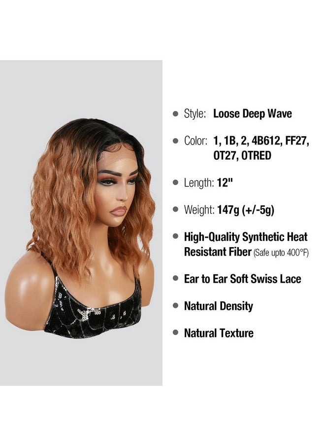 STUDIOCUT BY PROS - Tudiocut By Pros Loose Deep Wave Layered Bob Wig For Black Women 12 Inch Middle Part Swiss Lace Front Curly Wavy Wig Heat Resistant Synthetic Wigs (Dpl006 Ot27Ombre Twotone Honey Blonde) - Image 1