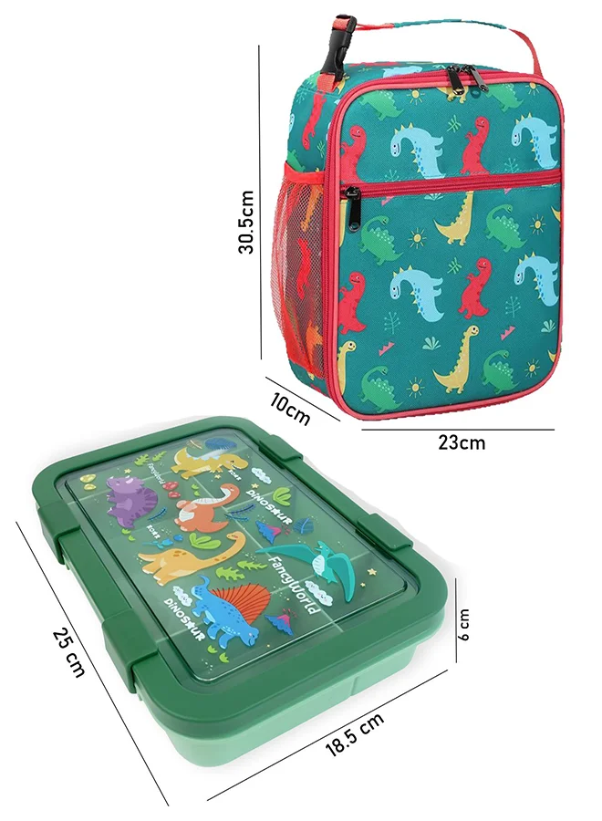 ليتل سربرايز بوكس Little Surprise Box, 2 pcs Dino Lunchbag & 5 section Lunch box for Kids