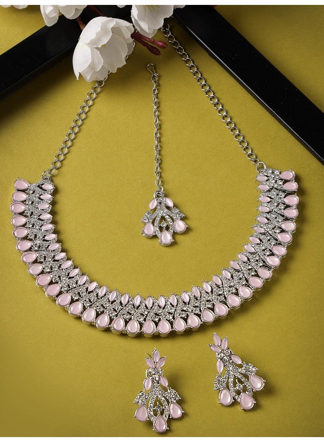 سوكهي طقم قلادة من حجر الراين الأبيض الوردي المطلي بالروديوم من Sukkhi Exquisite مع قرط وقلادة مانجتيكا | طقم مجوهرات للنساء (NS105621) - Image 3